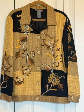 Vintage Indigo Moon Embellished Patchwork Floral Jacket - Mustard Black
